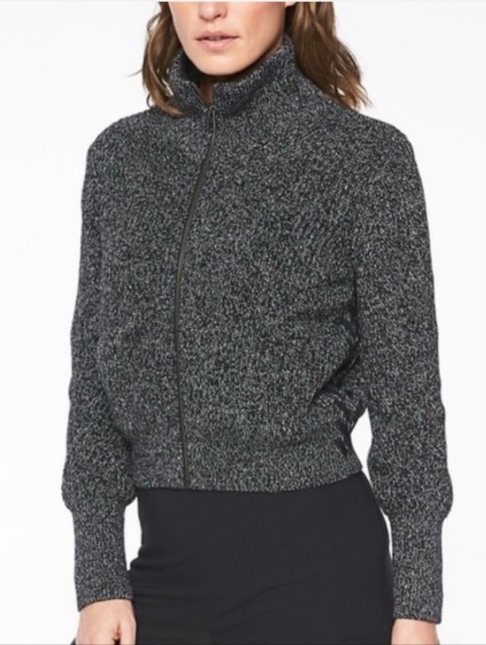 Athleta Swissvale Bomber Sweater Jacket Black Marl Womens Large